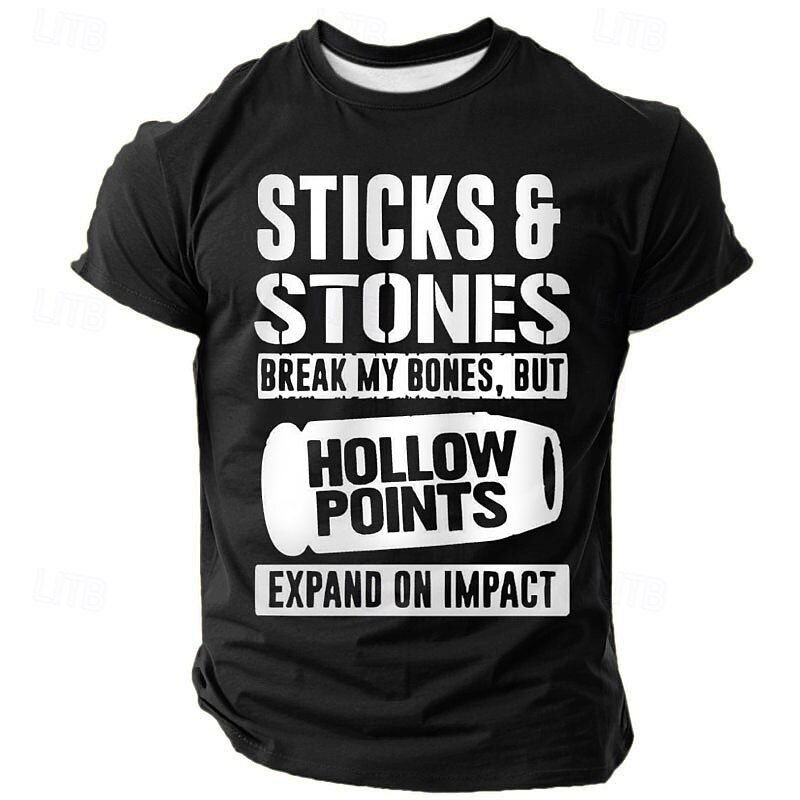 Men's Graphic T-Shirt: Sticks & Stones Hollow Points Quote - Dark Humor Lifestyle Tee2