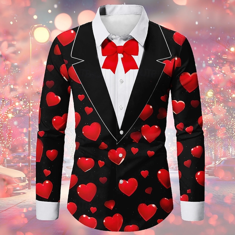Valentine's Day Men's Heart Costume Shirt Button Up Shirt Long Sleeve Fashion Casual Gift Holiday Festival Summer Fall Turndown 3D Print Collared Shirts Black