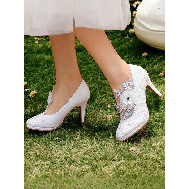 White Lace Bridal High Heel Shoes with Floral Embellishments – Elegant Wedding Shoes for Women2