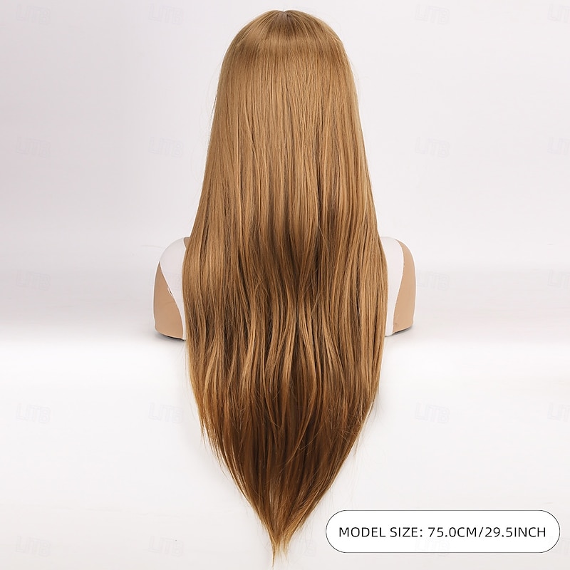 Synthetic Wig Yaki Straight With Bangs Machine Made Wig 30 inch Light golden Synthetic Hair Women's Classic Easy to Carry Adorable Blonde4