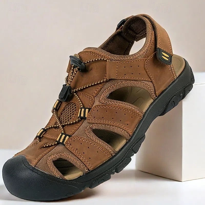Men's Brown Faux Leather Hiking Sandals - Closed-Toe, Breathable, Adjustable Drawstring, Anti-Slip Sole, Durable Outdoor Footwear for Summer Trekking and Camping