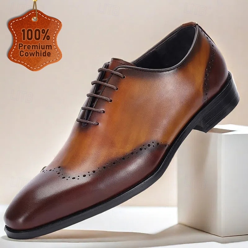 Men's Premium Cowhide Leather Oxford Shoes with Brogue Detailing – Elegant Lace-Up Design for Formal and Business Occasions