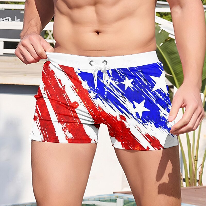 Men's Mixed Color American US Flag Swim Trunks Swim Shorts Board Shorts Mid Waist 3D Print Hawaiian Surfing Holiday Beach Drawstring with Mesh lining Elastic Waist Designer Clothing Apparel
