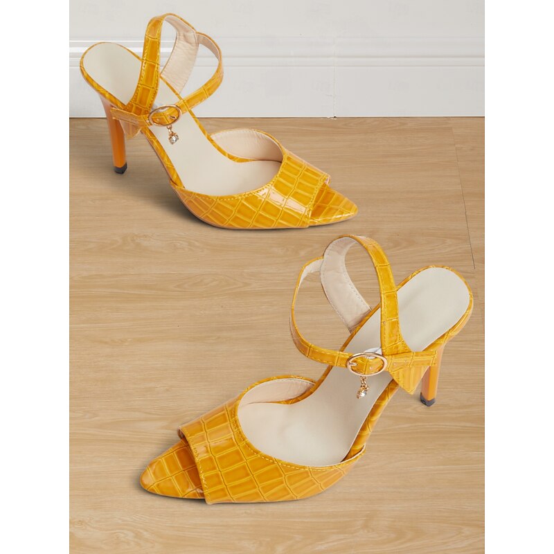 Women's Yellow Croc-Embossed Stiletto Heels with Ankle Strap and Open Toe - Elegant Party Shoes for Formal Occasions and Evening Wear