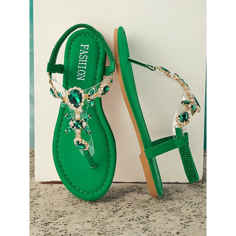 Women's Green Rhinestone Embellished T-Strap Sandals with Elastic Ankle Strap – Elegant Summer Footwear for Beach, Parties, or Casual Wear2