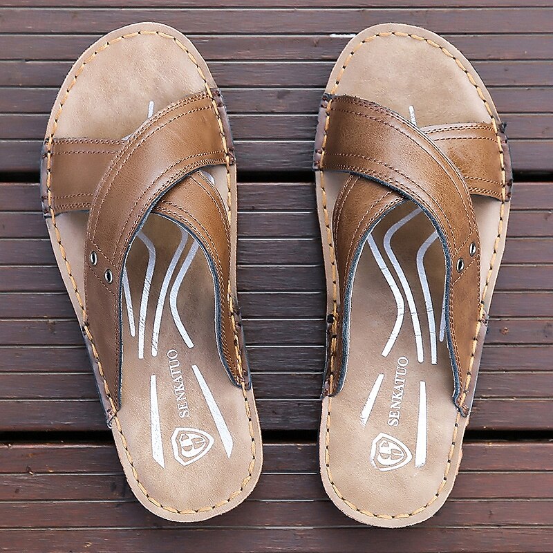 Men's Brown Faux Leather Cross Strap Sandals – Comfortable Slip-On Beach Slides with Non-Slip Sole for Summer Casual and Outdoor Wear2