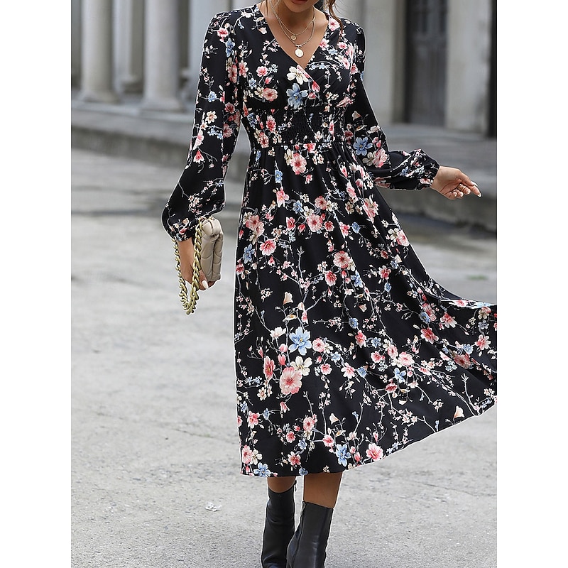 Women's Midi Dress Casual Dress A Line Dress Elegant Cute Stylish Vacation Daily Beach Loose Fit Graphic Long Sleeve V Neck Black Spring Fall