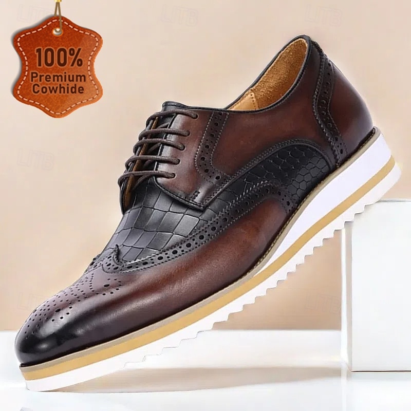 Men's Premium Cowhide Leather Oxford Shoes – Crocodile Pattern Brogue Wingtip Design with Lightweight Sole for Business and Formal Occasions - Main Image