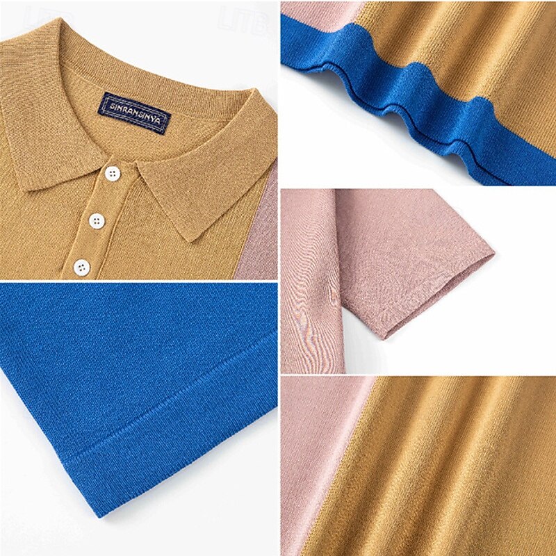 Men's Button Up Polos Golf Shirt Casual Sports Lapel Short Sleeve Fashion Basic Color Block Patchwork Buttons Summer Apricot Button Up Polos4