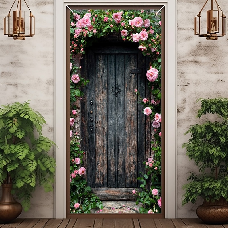 Floral Door Decorations Door Covers Rustic Door Tapestry Door Curtain Decoration Backdrop Indoor/Outdoor Door Banner for Front Door Farmhouse