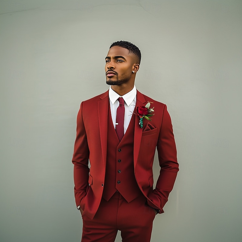 Men's Wedding Suits Notch Lapel Red Party Formal Solid Colored Standard Fit 3 Piece Single Breasted One-button2