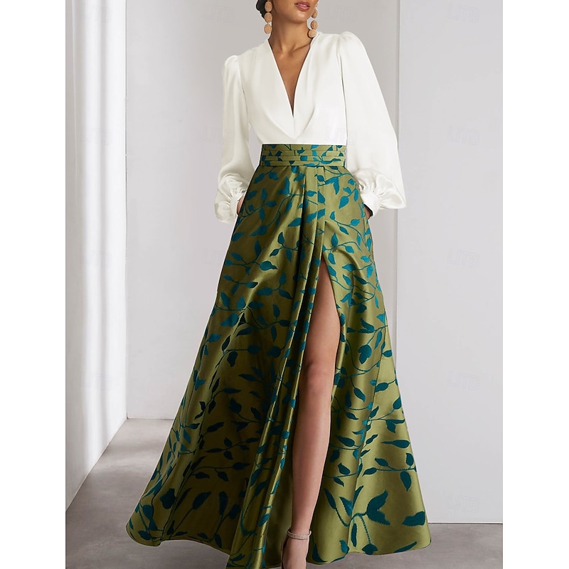 Floral A-Line Evening Gown Elegant Dress Formal Wedding Asymmetrical Long Sleeve Satin with Embroidery Appliques Dresses Race Day Dress Wedding Guest Dress