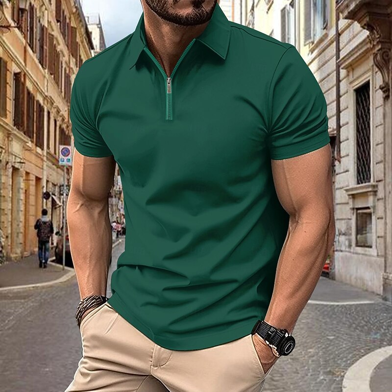 Men's Business Polo Golf Shirt Business Casual Quarter Zip Short Sleeve Solid Color Plain Zipper Summer Spring &  Fall Black White Green Khaki Light Grey Business Polo