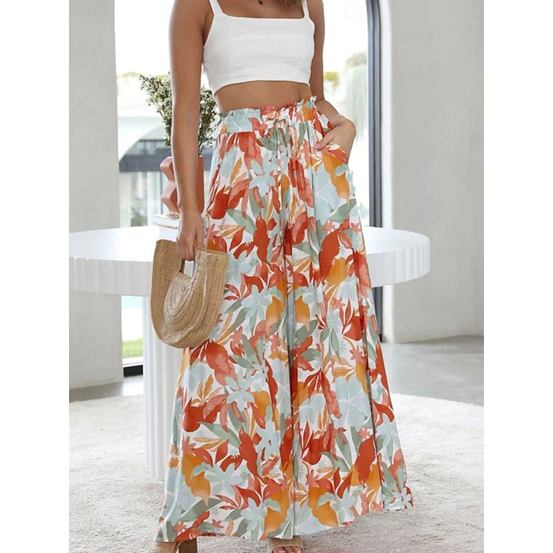 Women's Culottes Wide Leg Chinos Fashion Streetwear Casual Daily Full Length High Waist Plain Pocket Drawstring Comfy Soft Comfortable Micro-elastic Outdoor Vacation Street Forest Green Orange Summer2