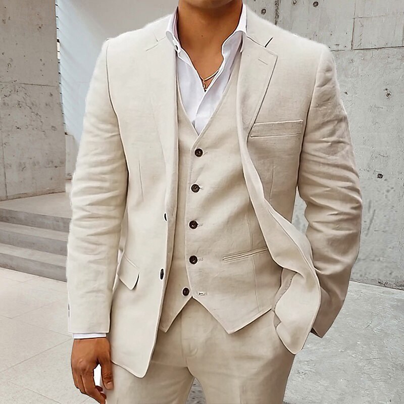 Men's Wedding Linen Suits Notch White Sky Blue Solid Colored Slim Fit 3 Piece Single Breasted Two-buttons2