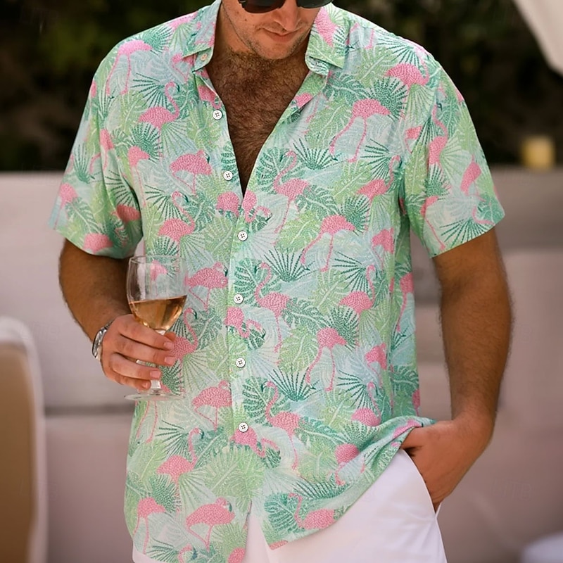 Men's Flamingo Tropical Plants Summer Hawaiian Shirt Button Up Shirt Aloha Shirt Short Sleeve Hawaiian Resort Vacation Holiday Beach Wear Summer Spring Turndown 3D Print Collared Shirts Green