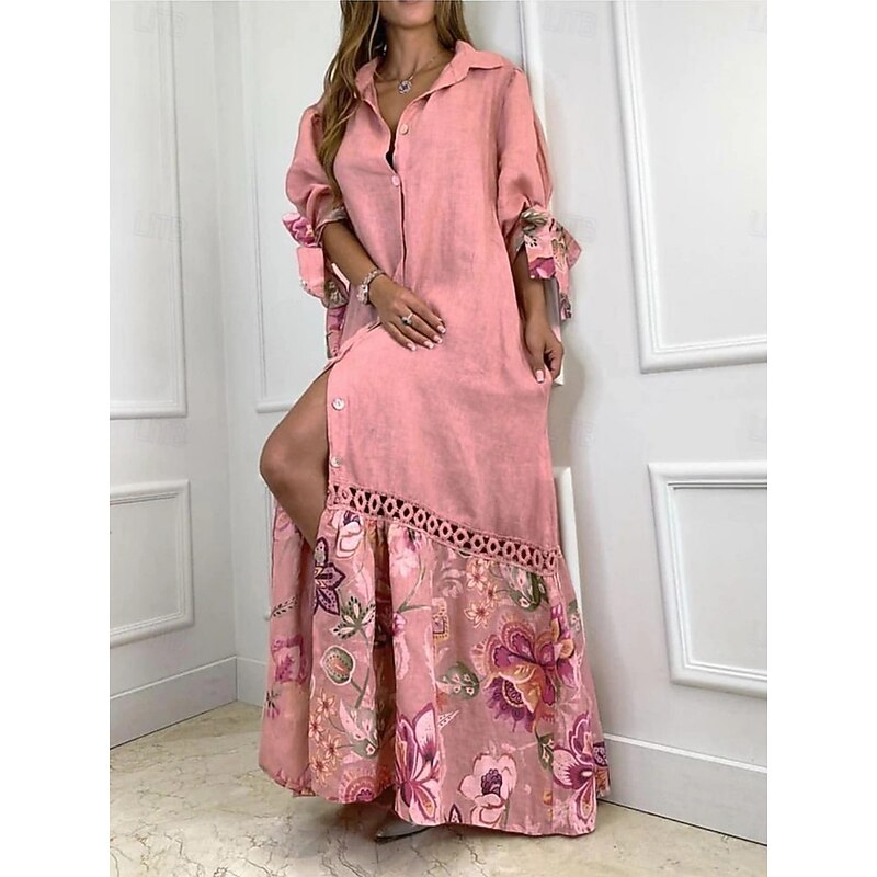 Women's Maxi Dress Cotton Linen Dresses Shirt Dress Casual Dress Casual Vacation Daily Regular Fit Floral 3/4 Length Sleeve Shirt Collar White Pink Sky Blue Purple Summer - Main Image