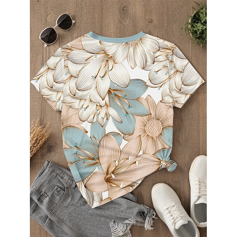 Women's T Shirt Floral Casual Short Sleeve Round Neck Regular Tops Daily Print Light Blue Summer2