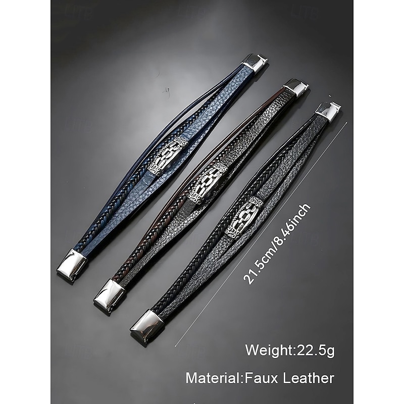 Men's Viking Style Faux Leather Multilayer Bracelet – Braided Design with Stainless Steel Charm, Adjustable Nordic Wristband for Casual and Formal Occasions4