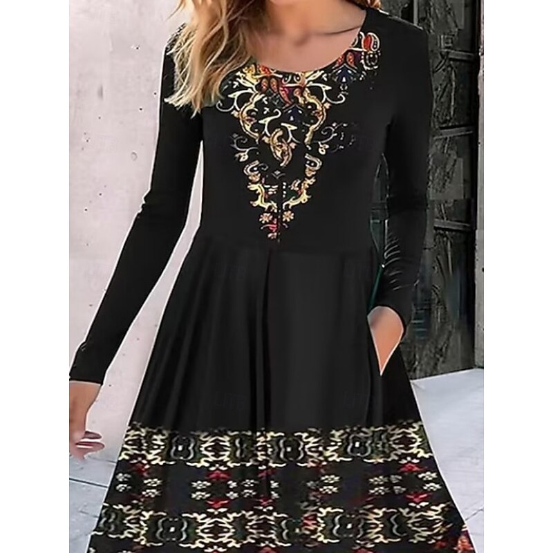 Women's Midi Dress Casual Dress Swing Dress A Line Dress Boho Dress Vintage Ethnic Casual Vacation Daily Regular Fit Floral Long Sleeve Crew Neck Black Summer2