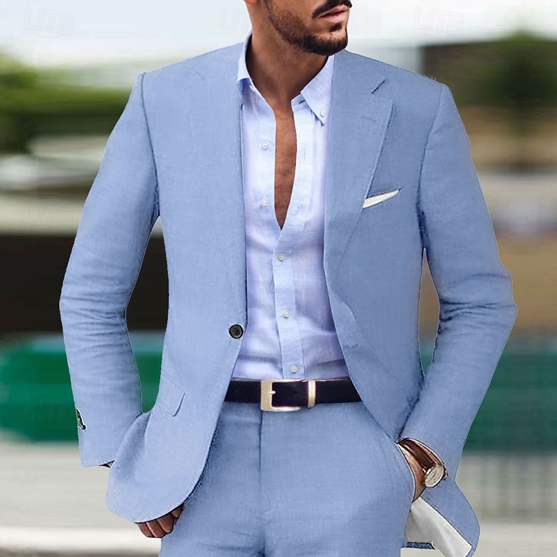 Men's Wedding Linen Linen Suits Notch Light Blue Dark Blue Solid Colored Tailored Fit 2 Piece Single Breasted One-button