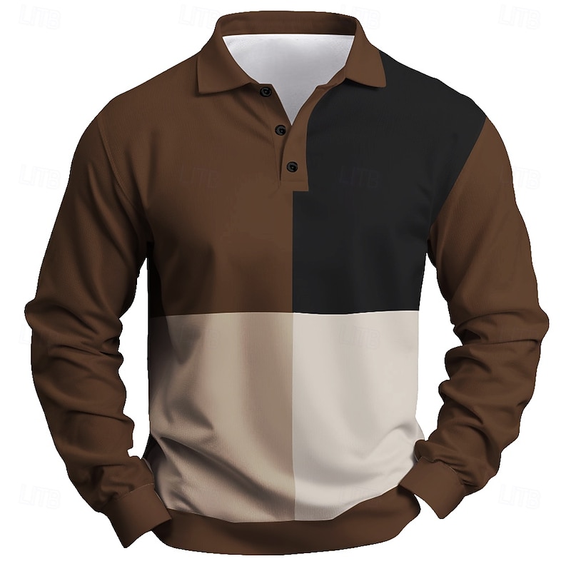 Men's Stripes Rugby Polo Long Sleeve Polo Shirts Collared Shirts Casual Outdoor Athleisure 3D Print Spring Fall Winter Black Brown Dark Blue3