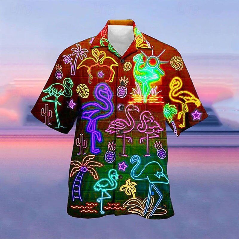 Men's Fluorescent Shirt Summer Hawaiian Shirt Camp Collar Shirt Short Sleeve Shirt Turndown Street Casual 3D Print Yellow Red Light Purple Purple Green 3D Clothing Apparel Fashion Hawaiian Designer3