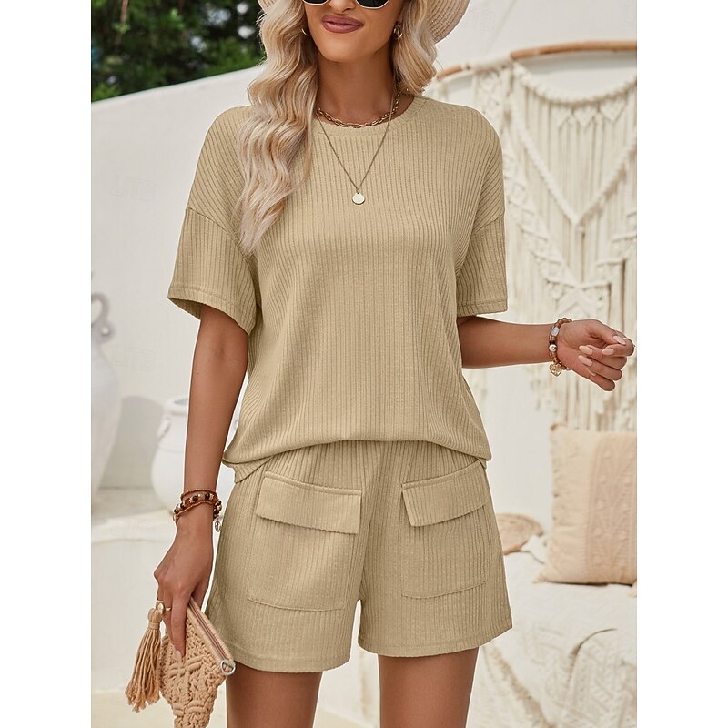 Women's Fashion Streetwear Daily T Shirt Baggy Shorts Short Sleeve Crew Neck Plain Casual Daily Pink Khaki Summer Regular Fit4