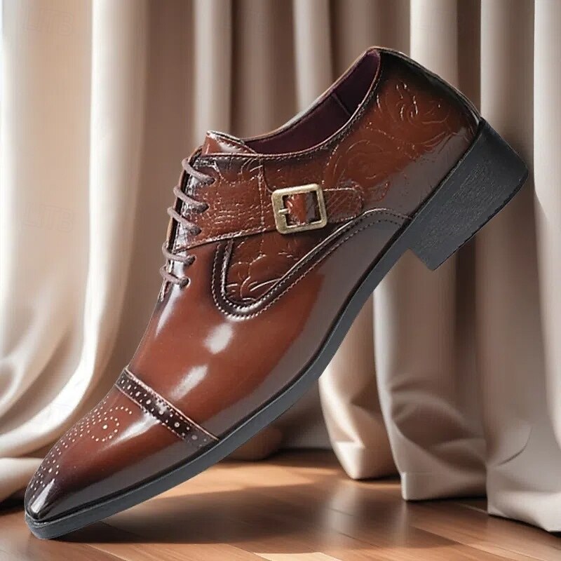 Men's Brown Embossed Faux Leather Oxford Shoes - Classic Lace-Up Design with Decorative Buckle for Formal Events and Office Wear3
