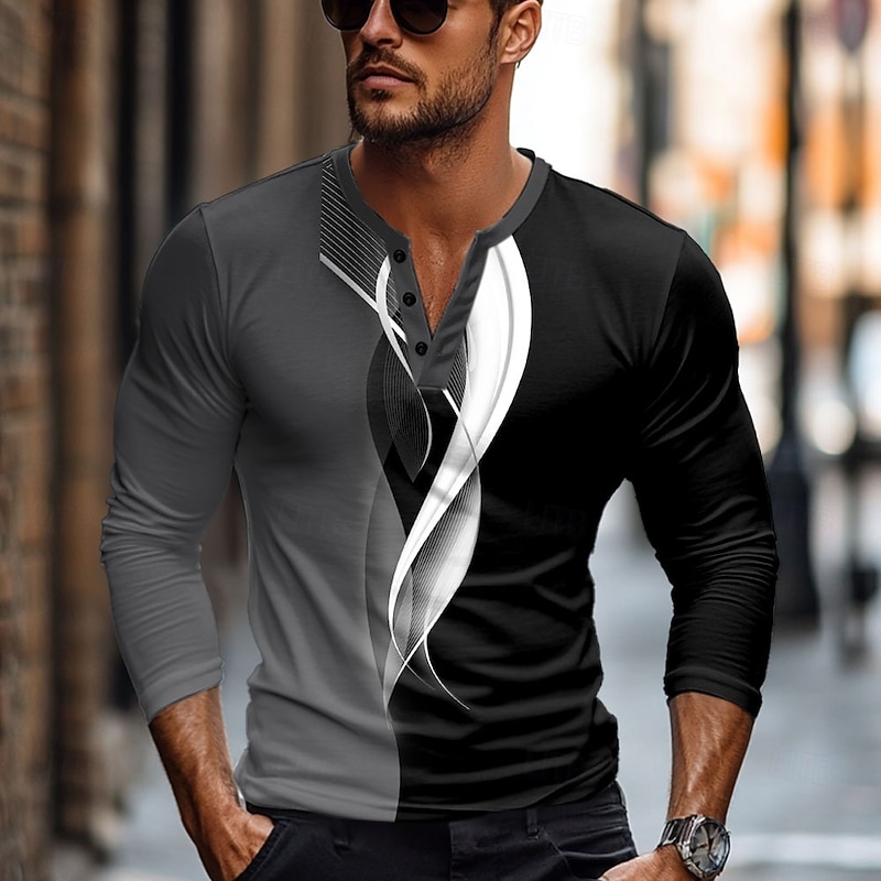 Men's Graphic Geometric Pattern Henley Shirt Long Sleeve Fashion Cute Daily Casual Holiday Going out Spring &  Fall Black Henley Henley T-Shirt