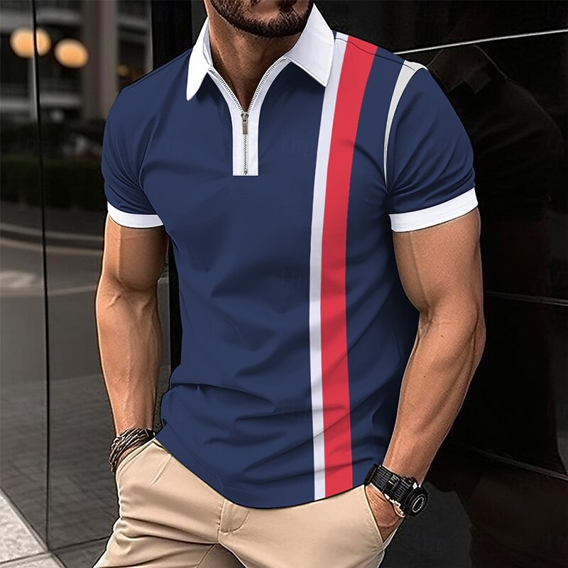 Men's Business Polo Golf Shirt Business Casual Quarter Zip Short Sleeve Color Block Stripes Zipper Summer Spring &  Fall Navy Blue Business Polo