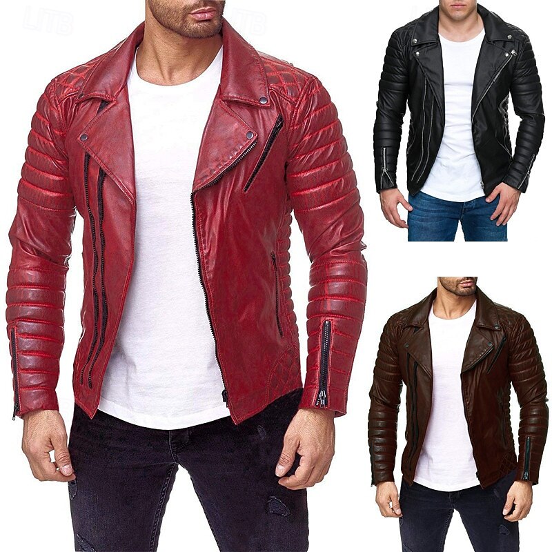 Men's Faux Leather Jacket Transition Jacket Biker Jacket Motorcycle Jacket Vacation Daily Windproof Warm Pocket Fall & Winter Plain Fashion Classic Lapel Regular Faux Leather Black Red Coffee Jacket