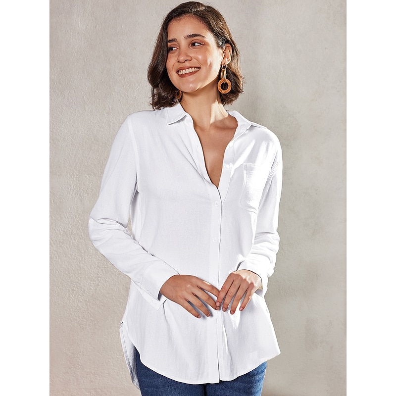Women's Shirt Blouse Cotton  Button Pocket Work Daily Solid Basic Long Sleeve Shirt Collar White Summer Spring2