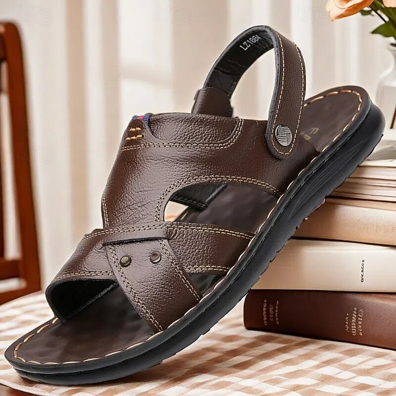Men's Brown Faux Leather Sandals - Comfortable Open-Toe Summer Footwear with Adjustable Straps for Casual and Outdoor Use
