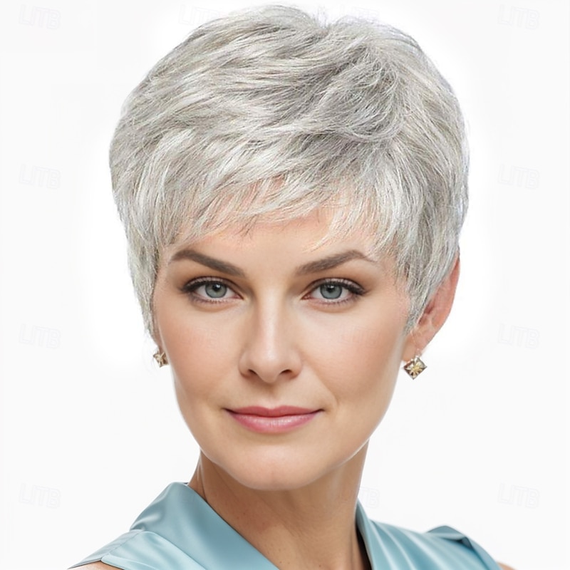 Short Grey Wigs for White Women Mixed Gray Silver Curly Wavy Wigs with White Bangs Grandma Synthetic Short Hair Wigs