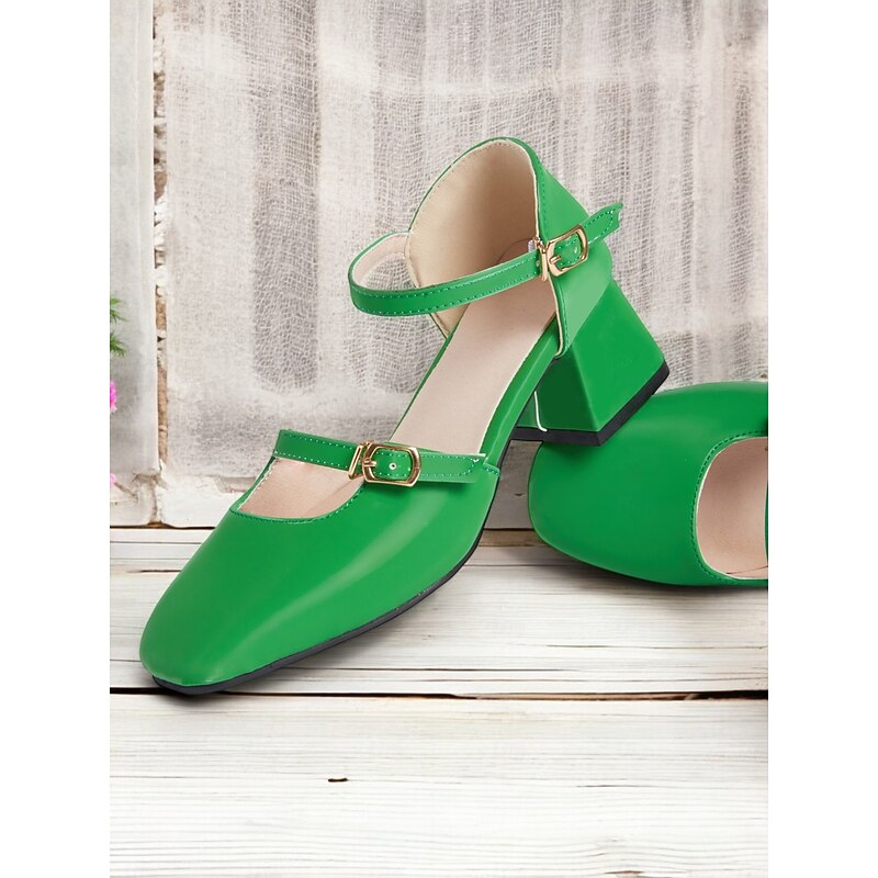 Women's Retro Mary Jane Block Heel Shoes – Vibrant Green Patent Leather with Adjustable Straps, Perfect for Office, Parties, and Casual Outfits2