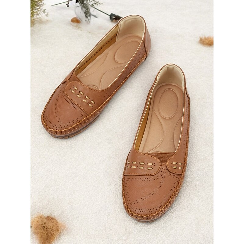 Women's Comfortable Brown Faux Leather Slip-On Loafers with Stitching Detail for Everyday Wear4