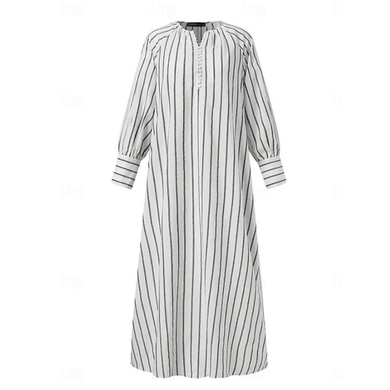 Women's Maxi Dress Cotton Linen Dresses Casual Dress Basic Casual Vacation Daily Regular Fit Stripe Long Sleeve V Neck White Blue Summer Spring3