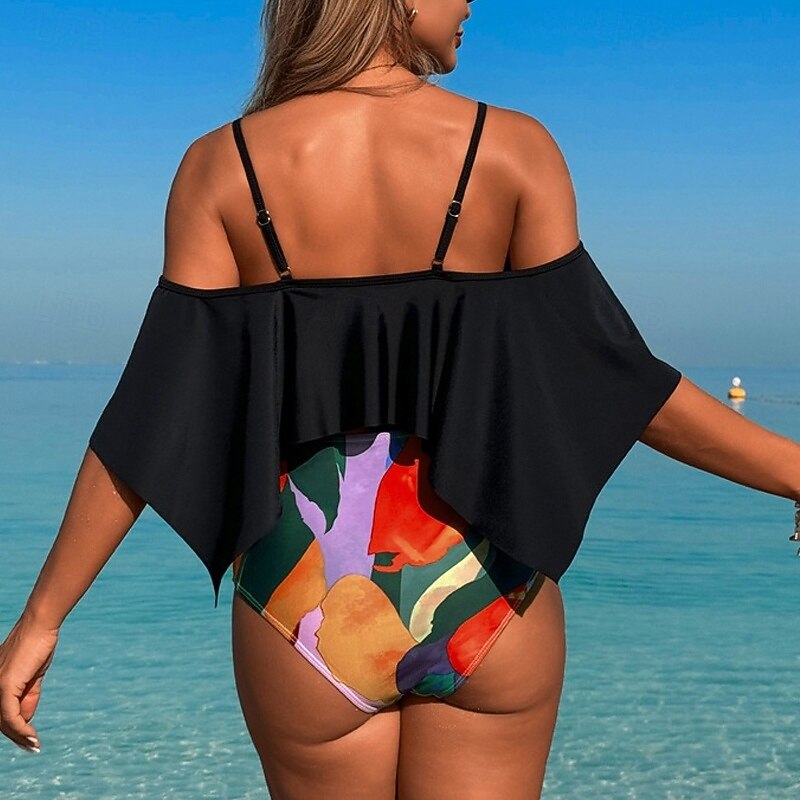 Women's Tankini Two Piece Swimsuit Ruffle Swimwear Swimwear Black Brown Breathable Quick Dry Lightweight Sleeveless - Swimming Surfing Beach Summer Spring4