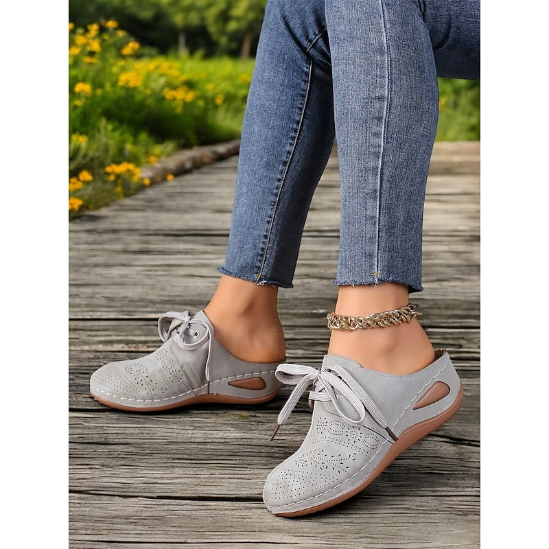 Women's Perforated Wedge Mules with Soft Sole and Decorative Stitching – Casual Vintage Shoes for Daily Wear and Outdoor Activities4