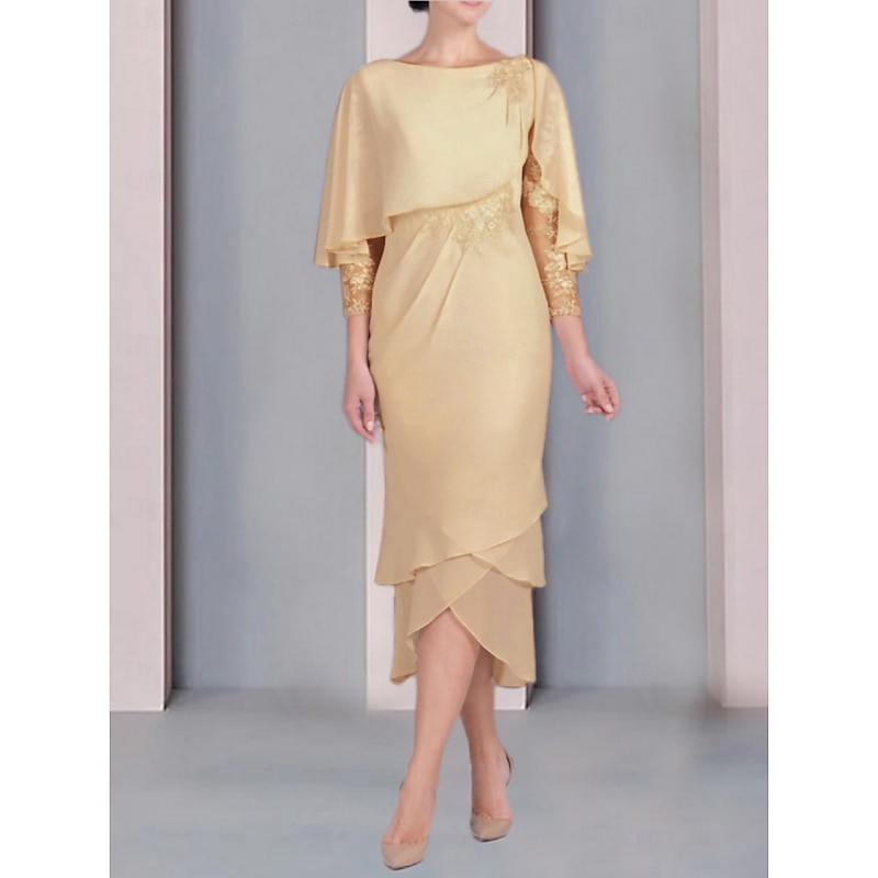Beach Wedding Sheath Mother of the Bride Dress Wedding Guest Elegant Petite Scoop Neck Tea Length Chiffon 3/4 Length Sleeve with Lace Tier Appliques 6