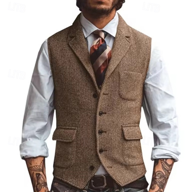 Men's Vest Gilet Vacation Daily Date Fashion Casual Spring &  Fall Buttons Pocket Polyester Comfortable Plain Single Breasted One-button Lapel Regular Fit Silver Dark Brown Black Champagne Vest3