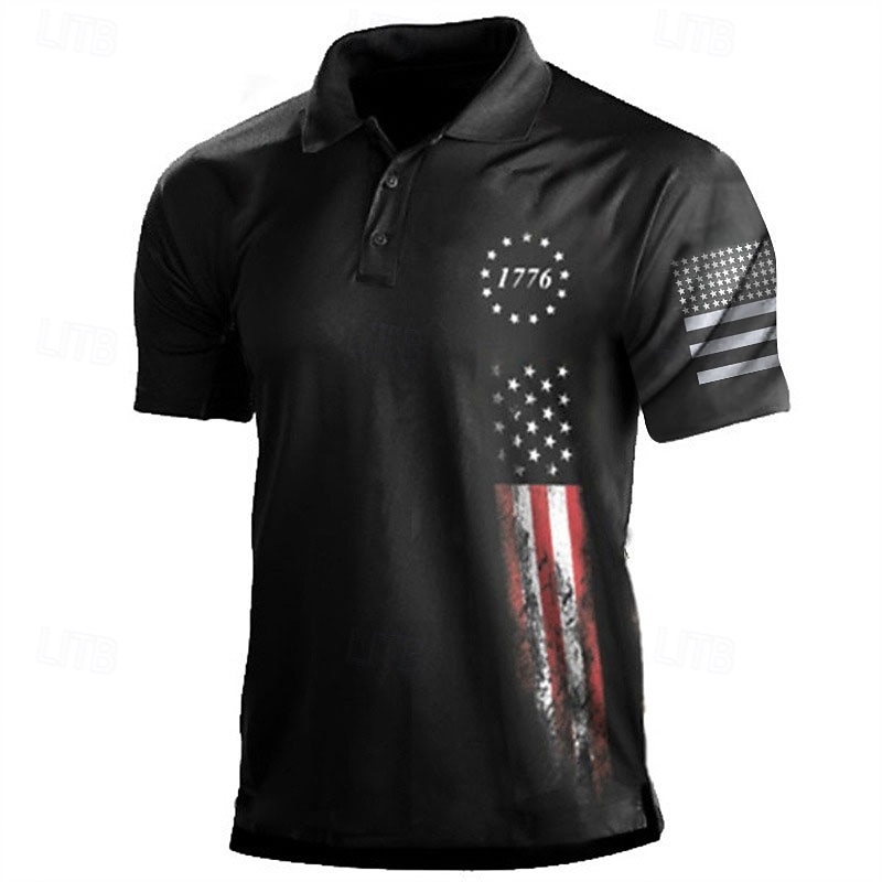 OUKU Men's American Flag Veterans Polo Shirts Golf Shirt Short Sleeve Polo Shirts Collared Shirts Casual Streetwear Vacation Wear Party Outfits Buttons 3D Print White & Blue Black White3