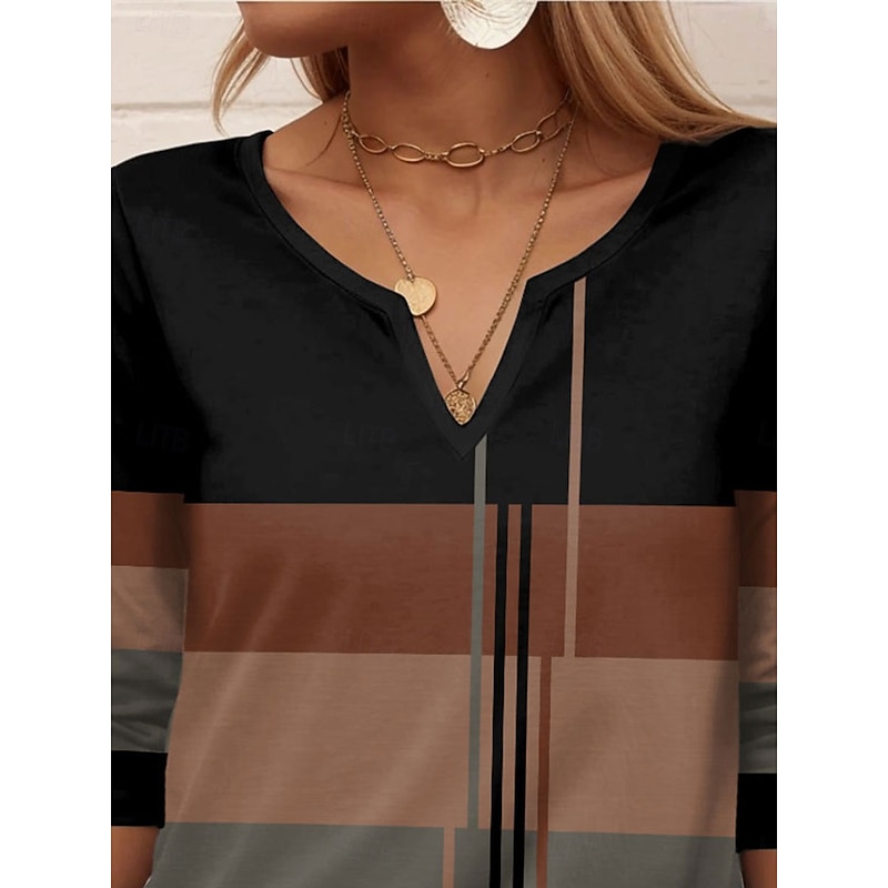 Women's T Shirt Geometric Striped Casual Long Sleeve Notched Neck Regular Tops Daily Print Black Blue Purple Green Summer Spring Fall3