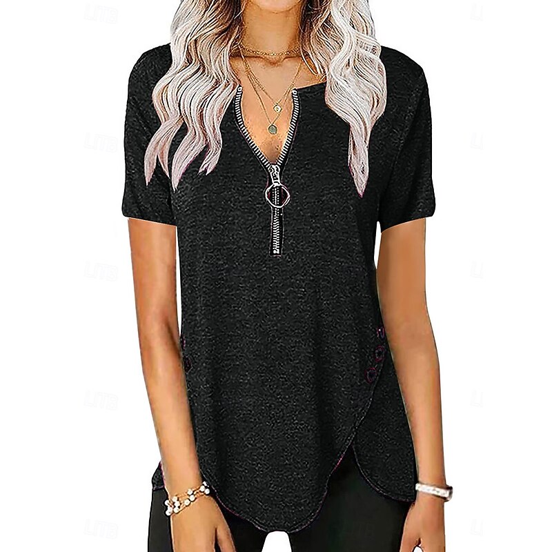 Women's T Shirt Plain Fashion Modern Casual Short Sleeve V Neck Regular Tops Daily Weekend Zipper Black White Pink Summer Spring4