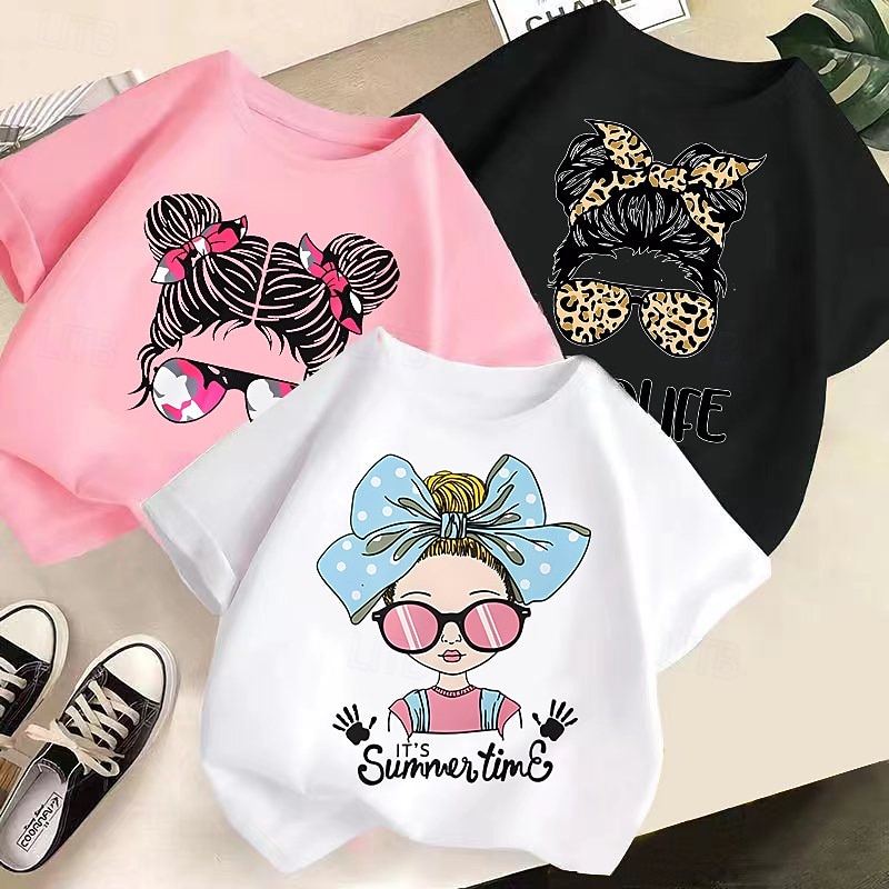 Multi Packs 3 Pairs Girls' Crew Neck Short Sleeves Black+Pink+White T Shirt Cartoon Vacation Daily Wear Cotton Spring & Summer