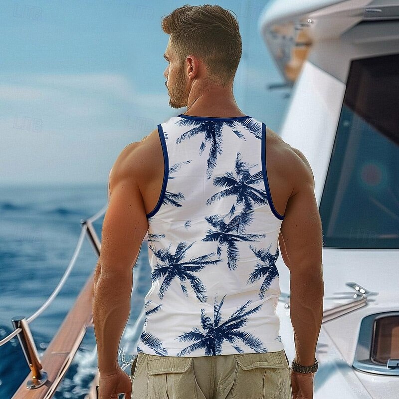 Men's Coconut Palm T Shirt Vest Top Sleeveless T shirt 3D Print Crew Neck Shirt Vacation Casual Hawaiian Holiday Black Yellow Blue Summer Spring Clothing Apparel S M L XL XXL XXXL4