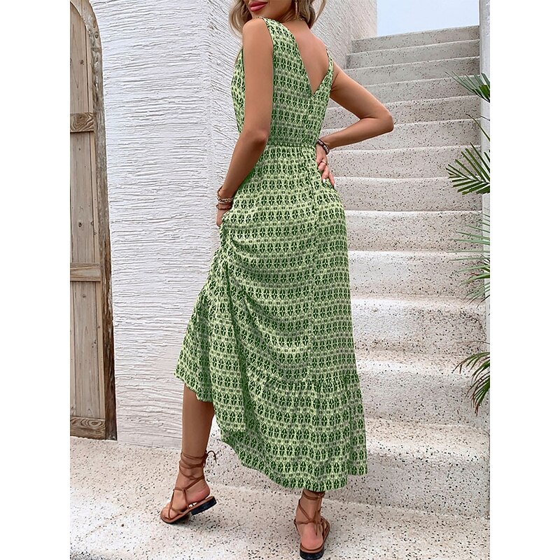 Women's Maxi Dress Casual Dress Swing Dress A Line Dress Tank Dress Stylish Casual Vacation Daily Regular Fit Geometric Sleeveless V Neck Green Apricot Summer2