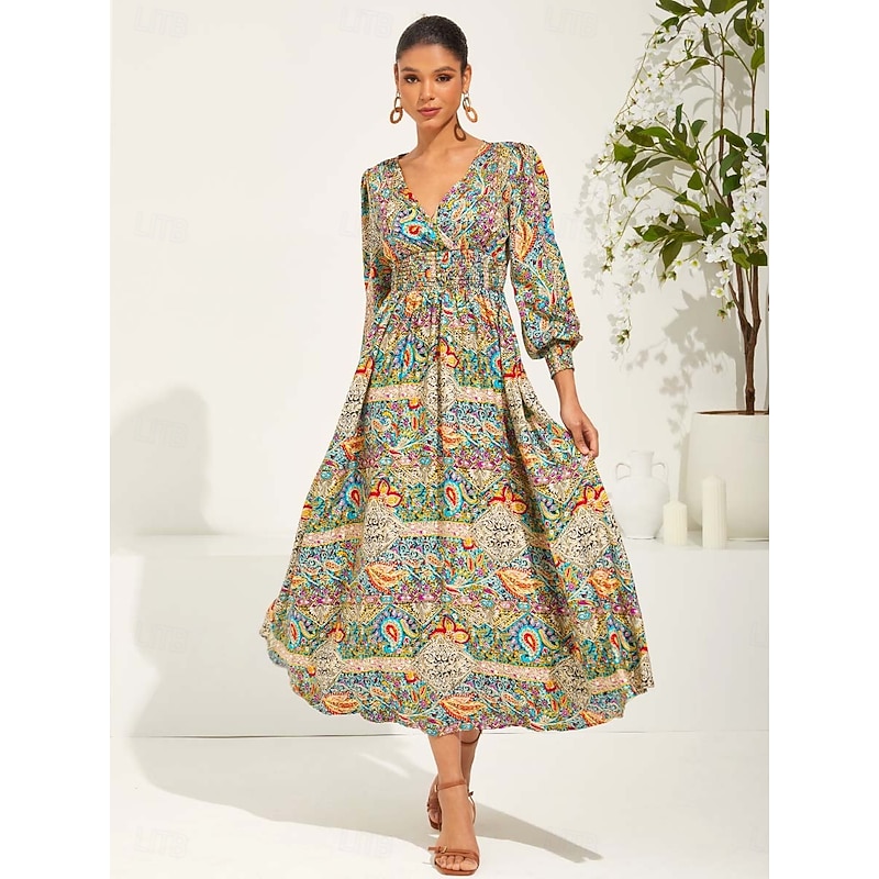 Women's Maxi Dress Ethnic Dress Swing Dress Elegant Stylish Vacation Loose Fit Graphic Paisley Long Sleeve V Neck Green Summer Spring2