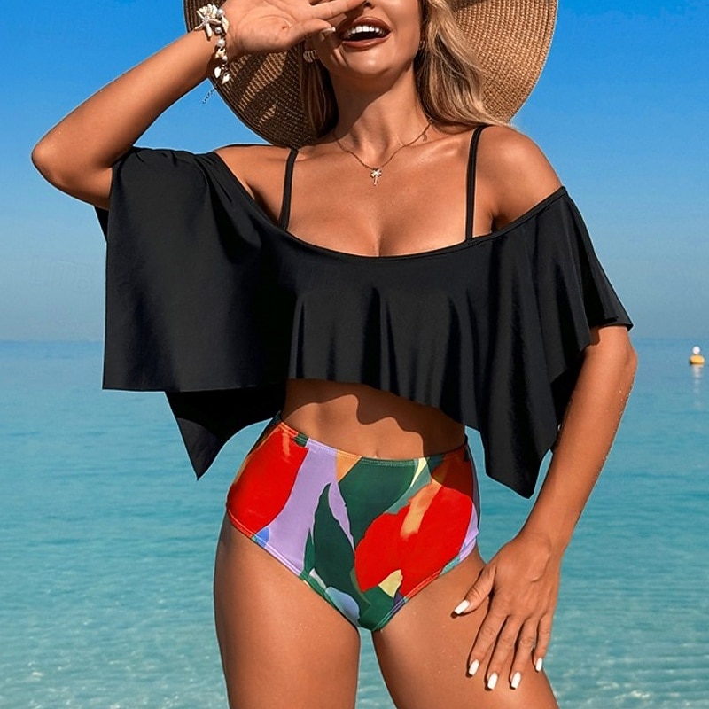 Women's Tankini Two Piece Swimsuit Ruffle Swimwear Swimwear Black Brown Breathable Quick Dry Lightweight Sleeveless - Swimming Surfing Beach Summer Spring